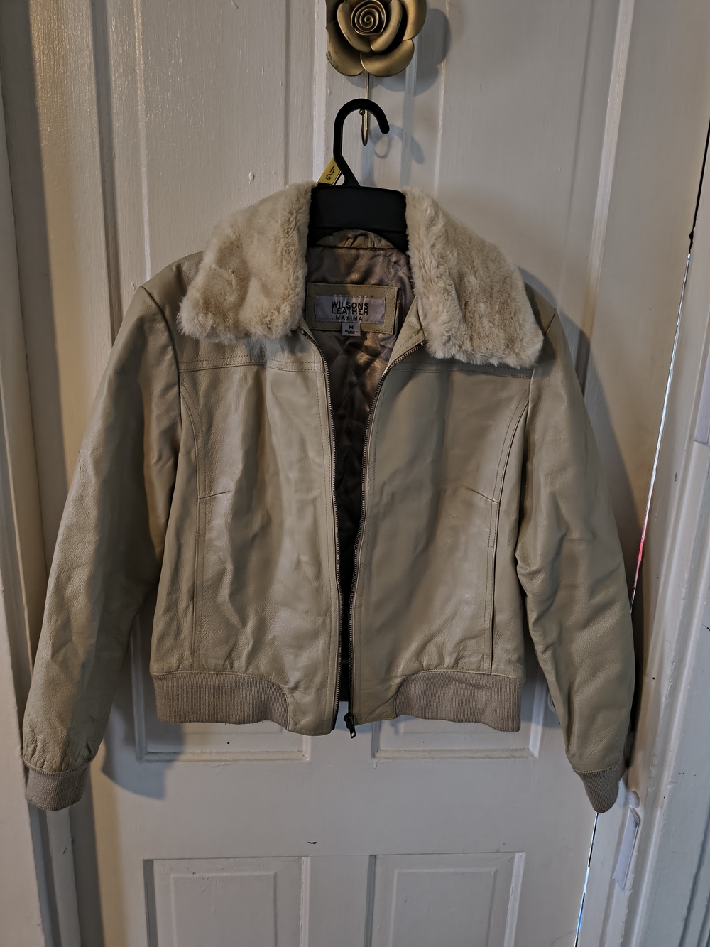 Wilsons Leather Cream Shearling-Trim Leather Jacket